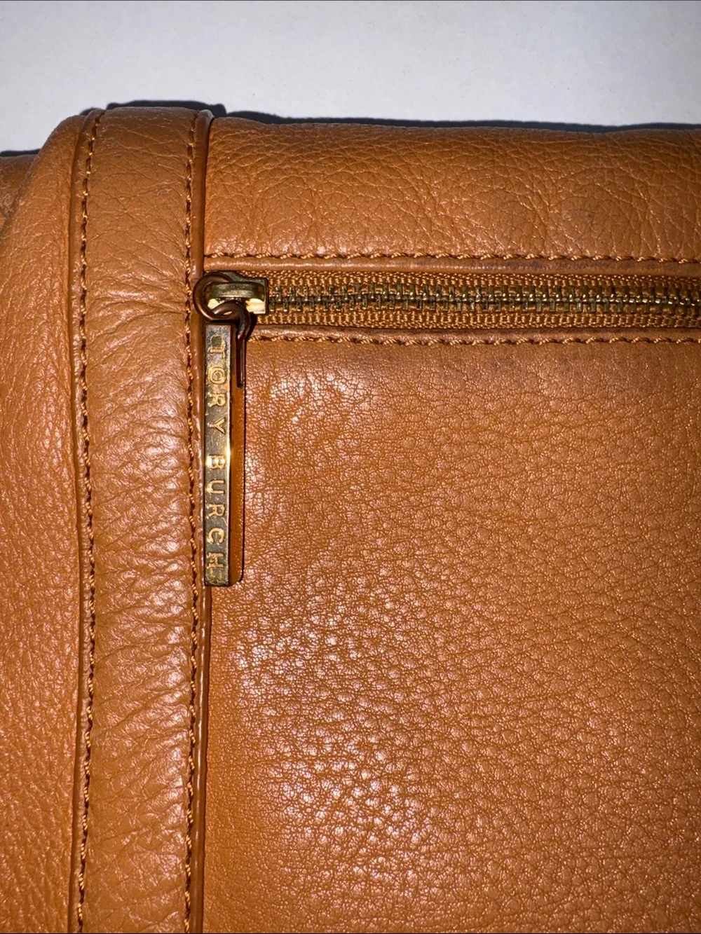 Tory Burch Cognac Pebbled Leather Fold-Over Clutch with Logo